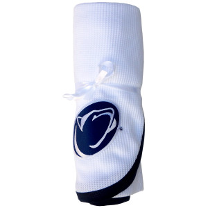 rolled white and navy thermal blanket with navy Penn State Athletic Logo